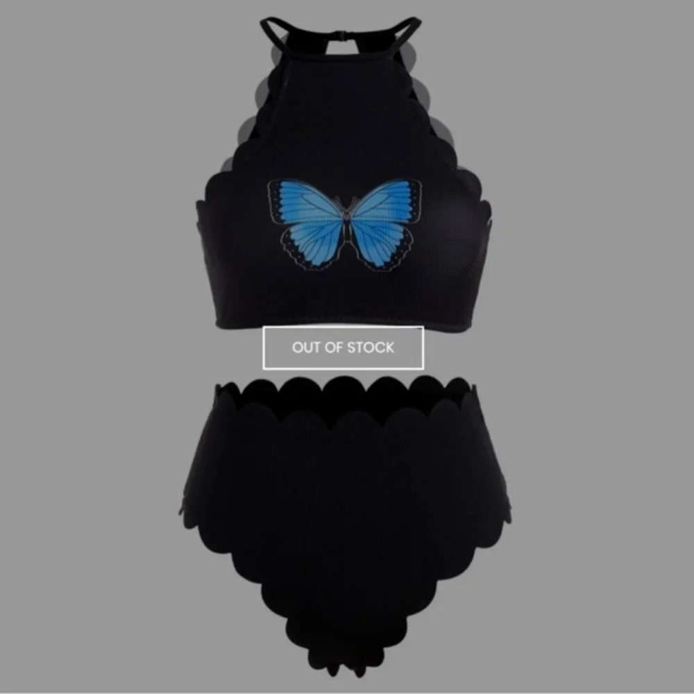 Blue Butterfly ✦ Scalloped Halter Bikini Set ✦ High-Neck Ribbed Cheeky Bottoms S